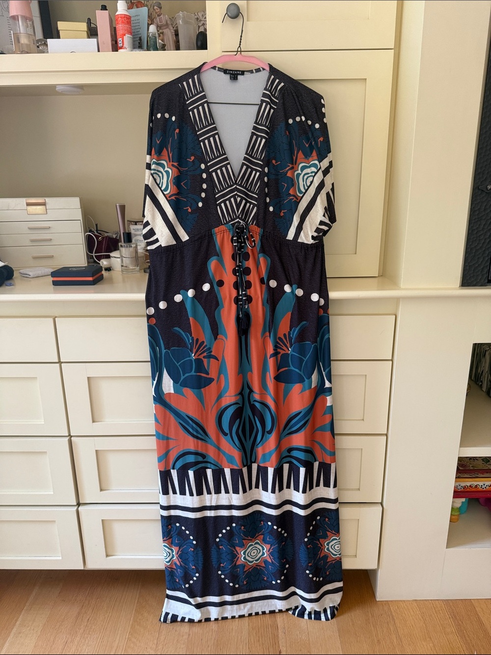 Zinzane Boho Floral V-Neck Maxi Dress in Teal & Rust